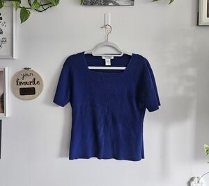 Vintage Petite Sophisticate Blue Short Sleeve Cable Knit Top